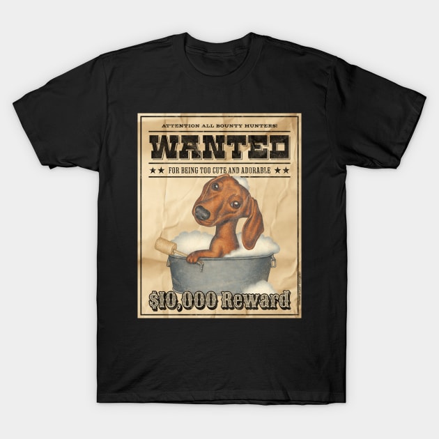 Funny Cute Doxie Dachshund Dog Wanted Poster T-Shirt by Danny Gordon Art